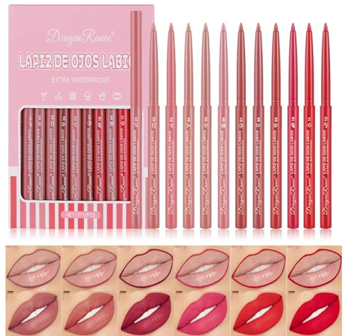 DENESTUP 12 Pcs Lip Liner Combo, Matte Lip Liner Pencil Lipstick Set long-lasting Wear and Waterproof, Non-Stick Cup, High Pigmented Smooth Texture Natural Lip Pen Makeup Gift