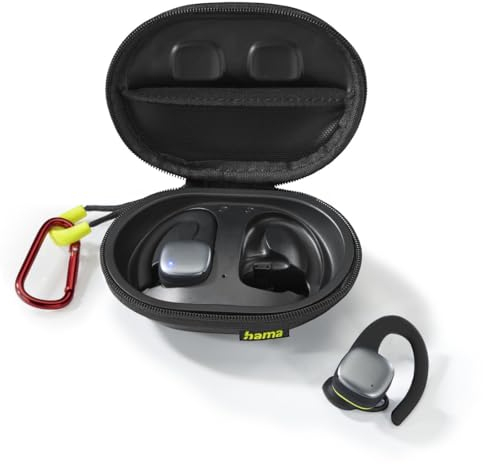 Hama Bluetooth Sportkopfhörer (In Ear Sportkopfhörer mit Ohrbügel, Kopfhörer kabellos mit 35 h Akku, TWS Kopfhörer mit Wasserschutz IPX5, schweißfest, Tastensteuerung) Schwarz/Gelb