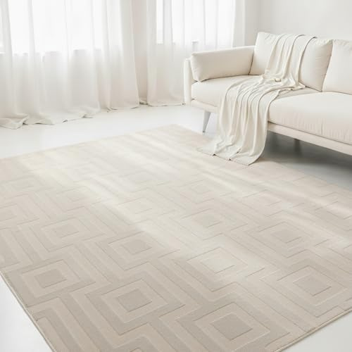 Interiyou Tappeto salotto pelo corto Cannes - 280x380 cm Crema - Stile boho scandinavo con effetto 3D alto-basso - Piatto con motivo geometrico