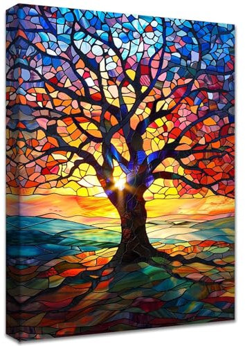 Albero della vita colorato Stampa su tela con cornice Rosso Giallo Blu Albero astratto Quadri Moderni Pittura Quadri su tela Quadro decorativo per bagno camera da letto Soggiorno Hotel 30x40cm