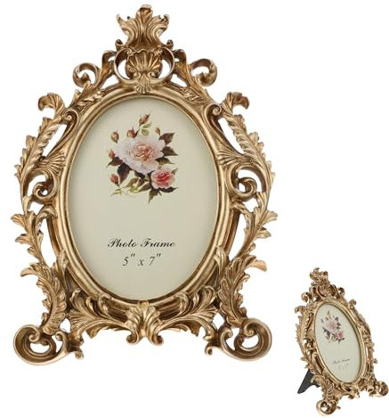 ohbien Vintage Oval Picture Frame, 5×7in Golden Flower Antique Photo Frame Retro Photo Frame Antique Table Top Photo Display Holder for Home Table Decoration