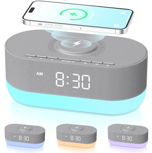 DOUMOSH Digitaler Radiowecker mit Kabelloser Ladestation, Bluetooth Wecker - Organisieren Sie Ihren Nachttisch, schlaffreundliches Display & Licht, erfrischt aufwachen