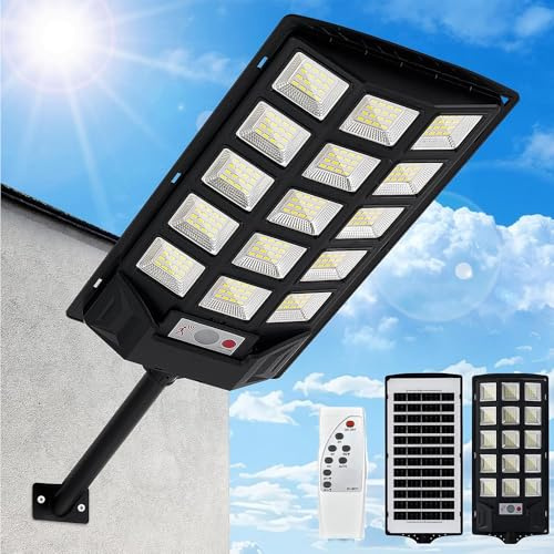 SENDALE Lámparas solares de 500 W para exteriores, lámparas solares con mando a distancia, 6500 K, farola solar de calle, crepúsculo hasta el amanecer, IP66, lámpara solar de camino al aire libre para