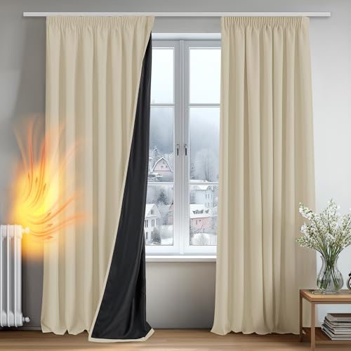 Deconovo Tende per Interni Oscuranti 100% con Retro Nero Completo, Tende Termiche Isolanti con Fettuccia per Camera da Letto e Soggiorno Moderne, 2 Pannelli, 140x260 cm, Beige Chiaro