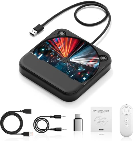 Lettore CD esterno portatile per auto, Plug and Play, con USB e AUX, universale per veicoli, laptop, TV, PC e navigazione Android 4.4+ (CD nero, 1)