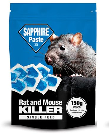Sapphire Paste 25 Rat & Mouse Killer – Single Feed Poison Paste Bait with Brodifacoum 0.0025% – Fast-Acting Rodent Control for Indoor & Outdoor Use – 150g Resealable Pouch (3)
