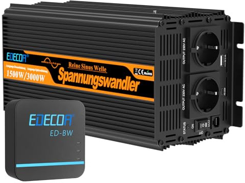 EDECOA Inverter 12 V 230 V 1500 W/3000 W, 12 V a 230 V, convertitore onda sinusoidale pura con modulo WiFi, supporto per funzioni APP con 1 porta USB e 1 porta PD