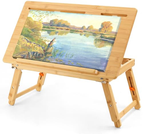 Nnewvante Drafting Table Bamboo Tabletop Easel Foldable Drawing Desk with Adjustable Height & Angle Drawing Board with Tablet and Phone Slots for Painting, Reading, Writing