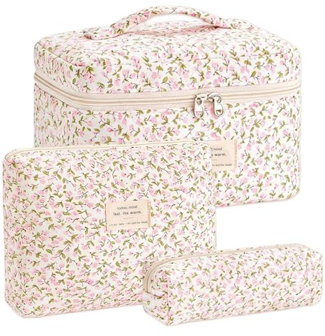 LIULINY 3 delat set med sminkväskor, damnecessärer med blommönster (rosa) | Pattern Quilted Toiletry Bag for Girls with Beautiful Floral Motifs for Daily Use and Travel