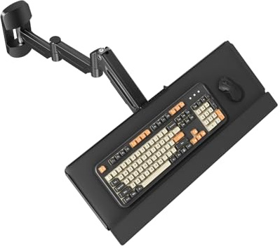 Support Mural pour Clavier Extra Long 65,4 cm – Plateau d'Écriture Complètement Mobile avec Bras à Vérin à Gaz, Pivotant et Réglable en Hauteur, Charge Maximale 9 kg, Noir