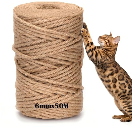 Corda Tiragraffi per Gatti 6mm x 50m - Sisal Naturale per Ricambio e Protezione Mobili | Rotolo Intero per Fai da Te, Decorazione Casa e Giardino