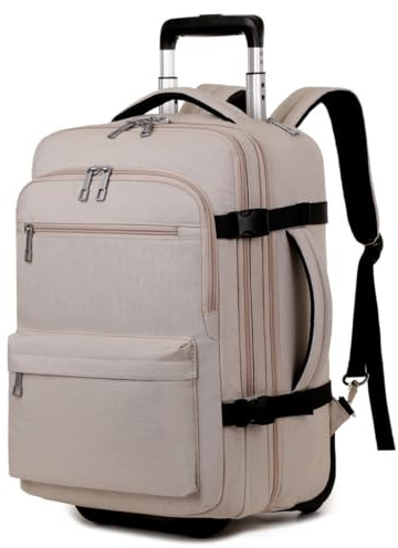Resryggsäck med hjul, 16-tums ryggsäck (55 liter), rullryggsäck för vuxna män och kvinnor, handbagage，Benvit