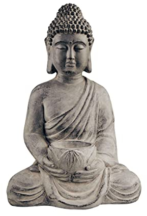 BUTLERS Statue mit Kerzenhalter 46cm für Teelichter Kerzen Ø 8 cm | Buddha Figur Glücksbringer für Meditation, Zen Garten, Yoga, Feng Shui | Dekoration für Wohnzimmer, Schlafzimmer, Bad