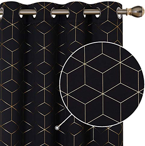 Deconovo Blackout Thermal Insulated Curtains, Ring Top Curtains, Gold Diamond Printed Eyelet Curtains for Bedroom, 46 x 54 Inch(Width x Length), Black, One Pair