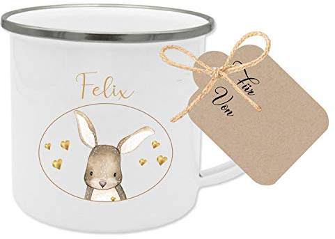 Manufaktur Liebevoll Emaille Tasse Kinder Geschenk personalisiert Kindertasse Hase Geschenk mit Name Kinder (Motiv “Felix Hase”)