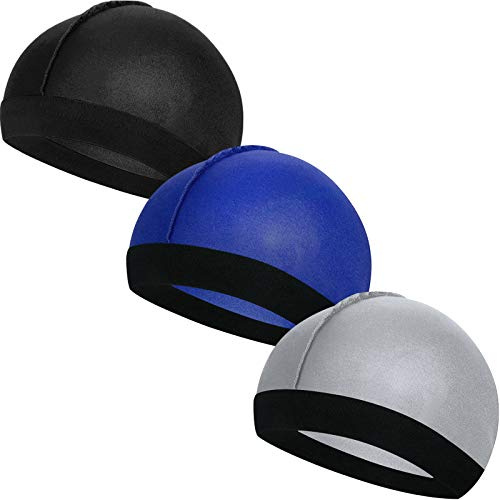 Syhood 3 Pieces Kids Satin Wave Caps Set Unisex Kid Beanie Cap 360 Wave Wide Strap Skull Caps(Black, Silvery, Royal Blue)