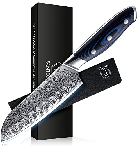 FANTECK Santoku Knife 5 Inch Damascus Japanese Steel Kitchen Knife,VG10 67-Layer High Carbon Full Tang Best Chef Santoku knives for Pro Chef&Restaurant, Blue G10 Handle,Gift Box&Sheath