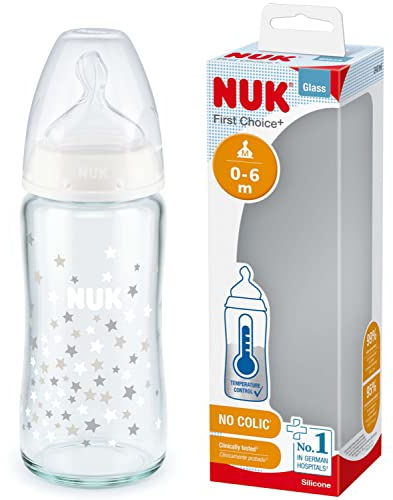 NUK First Choice+ biberon en verre | 0-6 mois | Contrôle de température | Tétine en silicone | Valve anti-coliques | Sans BPA | 240 ml