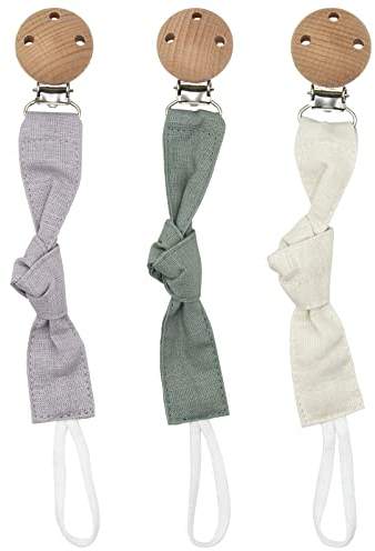 ANLIOTO 3 collane per ciuccio, in legno lavorato a maglia, in cotone biologico, per ragazze, ragazzi e neonati (grigio + beige + verde chiaro)