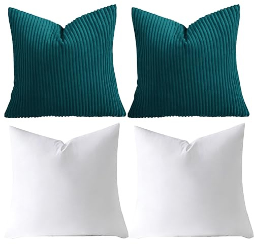 AMEHA Stripe Forest Teal Velvet Cushions with covers included Pack of 2 (2 Covers 45 x 45 cm, 2 Inserts) Square throw Pillowcases with Invisible Zipper for Sofa Bed Livingroom 18”x18” inches