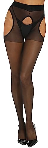 Yilanmy Suspender Tights for Women Sexy Crotchless High Waist Garter Stockings Sheer Suspender Pantyhose (Black,S/M)