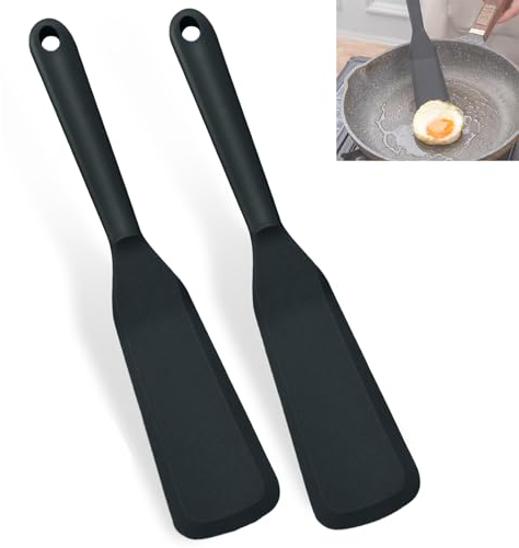2 Pezzi Spatola Cucina per Frittata Girare Pancake Pasticceria Crepes Torte, Spatola Cucina in Silicone Antiaderente, Nero Spatole in Silicone Resistenti al Calore, Utensili da Cucina