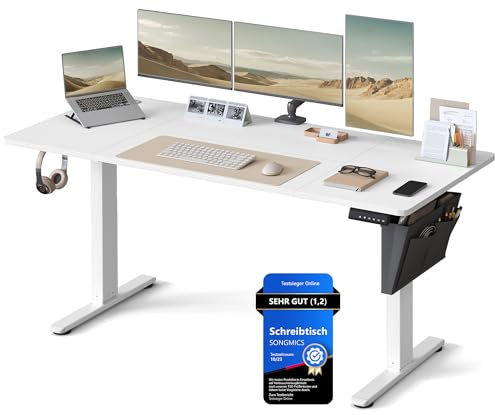 SONGMICS Höhenverstellbarer Schreibtisch elektrisch, 160 x 70 cm, stufenlos verstellbar, Memory-Funktion mit 4 Höhen, wolkenweiß LSD136W01