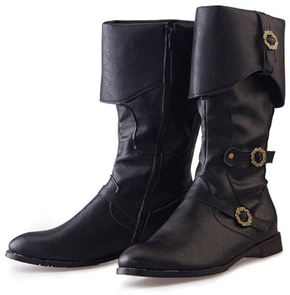 DUNHAO COS Men's Faux Leather Medieval Boots Viking Pirate Costume Boots Renaissance Faire Cosplay Shoes- Black US 9.5-10/CH 43