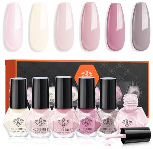 Modelones Nail Polish Set 6 Colors Milky White Pink Grey Nude Quick Dry Nail Varnish Manicure DIY Nail Art Salon Home For Women