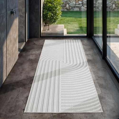 SIMPEX Indoor Outdoor Teppich wetterfest 80x250 cm, 3D Optik, Modern Boho Design, waschbar, Natur Creme Farbe, Teppich Wohnzimmer, Küchenteppich, Läufer