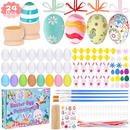 Yotako Kit di decorazione per uova di Pasqua, 24 uova di Pasqua in plastica, decorazioni per uova di Pasqua, attività artigianali di Pasqua, attività domestiche, bambini, uova di plastica da decorare