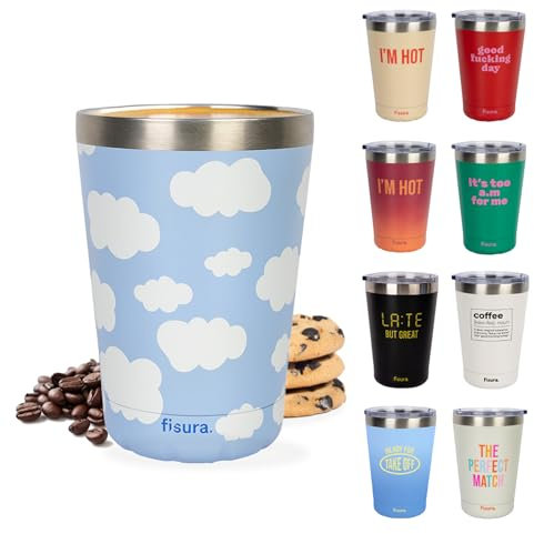 FISURA – Vaso termo original “Nubes”. Vaso termo para llevar azul. Taza de café 310 ml. Taza térmica acero inoxidable para coche. Libre de BPA.