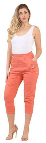 Women Cherry Berry Capri 3/4 Trousers, Ladies Elasticated Cotton Stretch Cropped Bottom Pants (Coral, 12)