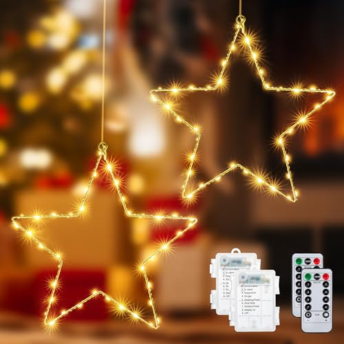 Ollny Cadena de luces LED para ventana con forma de estrella, iluminación navideña, 2 unidades, 80 LED con temporizador, control remoto, funciona con pilas, 8 modos para decoración navideña de ventana
