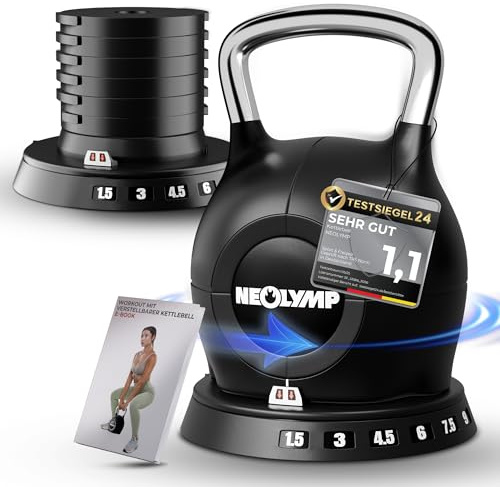 NEOLYMP Kettlebell Set 1,5-10 kg - 7-in-1 Kettlebell verstellbar für Ganzkörper-Workout Zuhause - Kugelhantel mit robustem Edelstahl-Handgriff für perfektes Schwungerlebnis