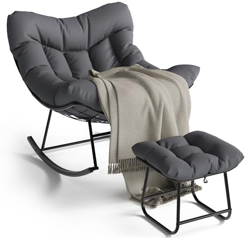 PortoAlegre Silla Mecedora para Exterior, Mecedora con reposapiés de Gran Tamaño Moderna con Cojín Acolchado, Estructura de Metal, Sillón de Huevo, para Jardín, Patio