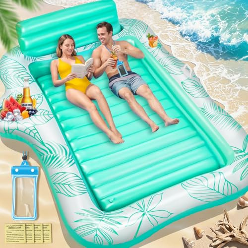Charmofun Double Piscine de Bronzage Gonflable, 230 * 180 cm Matelas Gonflable Bronzage Tanning Pool avec Bac à Glaçons & Pochette Étanche, Matelas Eau Bronzage pour Adultes Jardin Plage Piscine