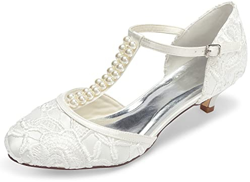 JIAJIA Scarpe da Sposa da Donna 01129 Punta Chiusa T-Strap Tacco Basso Raso di Pizzo Pompe Imitazione Scarpe da Sposa Colore Avorio, Taglia 37 EU