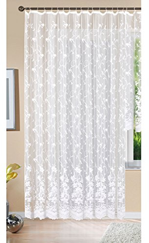Gardine Store Langstore Jacquard Koblenz HxB 245x450 cm Kräuselband Universalband Weiß Blumenmuster Transparent Voile Vorhang Wohnzimmer