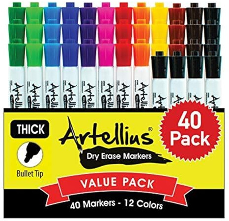 Artellius Dry Erase Markers - Low Odor Ink & Whiteboard Markers - Washable Dry Erase Pens for Kids & Teacher Supplies - School Supply Bulk & Classroom Must Haves - Pack of 40, Assorted Colors
