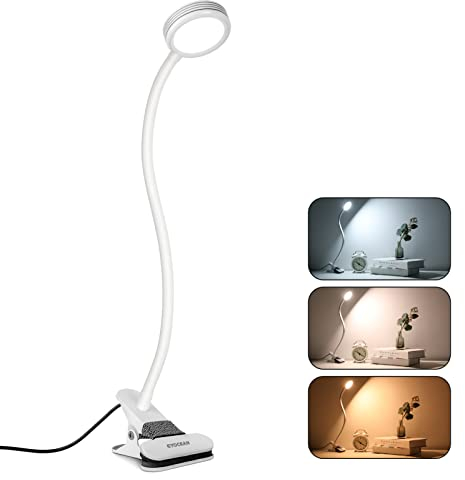 EYOCEAN Lampada da Lettura Pinza a LED Lampade USB, 3 Modalità Colore e 9 Dimmerabili Luce da Lettura, Lmpada da Scrivania per Ufficio Domestico,Adattatore Incluso, 6 W, Bianco