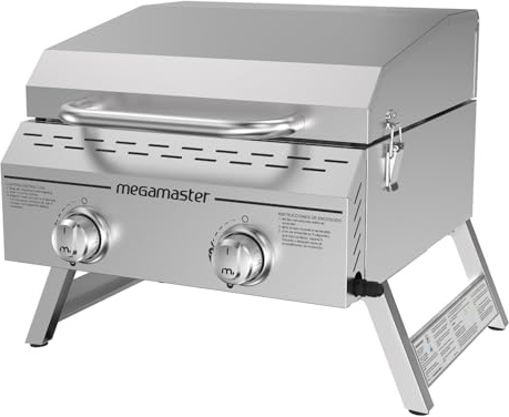 Megamaster Griglia a gas portatile a 2 fuochi in acciaio inox con coperchio integrato, 16.000 BTU, gambe pieghevoli, piccola griglia a propano per cucinare all'aperto, campeggio, tailgating, patio e