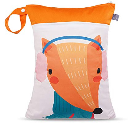 Stampa Carina Borsa per Pannolini Impermeabile, Treer Sacchetti per Pannolini Doppia Cerniera Riutilizzabile Lavabile per Neonato pannolini e indumenti, Scomparti Dry Wet (30x40cm,Volpe)