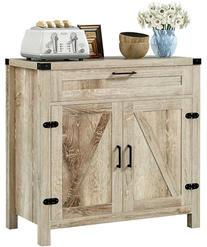 HOMCOM Sideboard with Storage Drawer, Modern Farmhouse Kitchen Cabinet with 2 Barn Doors, Coffee Bar Cabinet, Oak