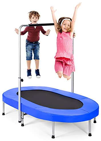 COSTWAY Kids Trampoline, 2 Persons Foldable Fitness Trampolines with 5 Levels Height Adjustable Handle, Indoor Double Oval Rebounder Exercise Jumper for Children, Teens and Adults (Blue)