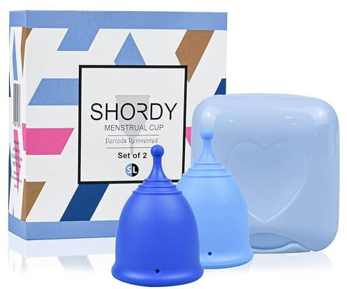 SHORDY Set di 2 tazze mestruali (Small + Large) con scatola, coppetta mestruale flessibile e posacenere per periodo, protezione fino a 12 ore, alternativa ecologica a tamponi, dischi, pastiglie (blue)