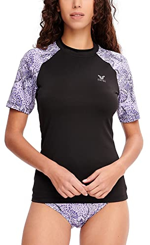 HUGE SPORTS Rash Guard Donna Maniche Corte Protezione Solare Asciugatura Rapida Maglia Protettiva Rashguard per Snorkeling Nuoto Nero M