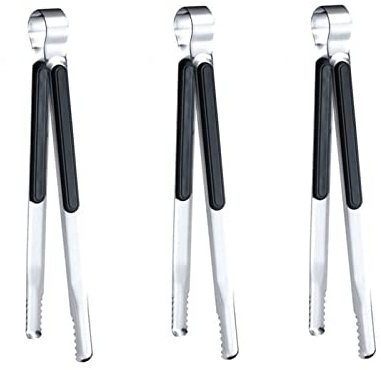 3 Pcs Korean BBQ Tongs, Barbecue & Grill Tools, Kitchen Tongs, Stainless Steel Heavy Duty for Cooking, Meat Clip, Bread Clip, Ice Tongs (Black)