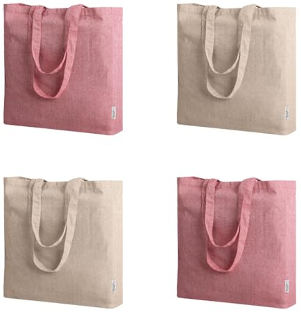 GIUPIKKIA - Tote Bag 4 PEZZI Borsa Shopper Donna Cotone Riciclato. Idee Regalo Donna Borsa Spesa In Tessuto Elegante Con Manici Ideale Per Lo Shopping (Rosa e Beige)