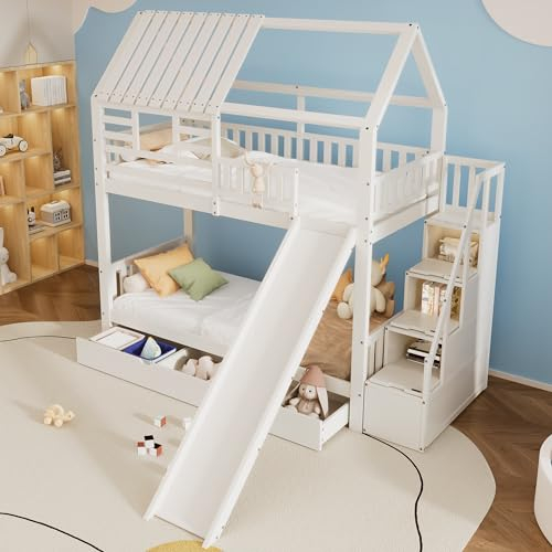 Becag Kinderbett Etagenbett 90x200 für 2 Kinder, Hausbett Hochbett mit Treppe & Rutsche, Schließfächer & Schubladen Stauraum, Holzbett Bettgestell mit Rausfallschutz & Lattenrost, Ohne Matratze, Weiß
